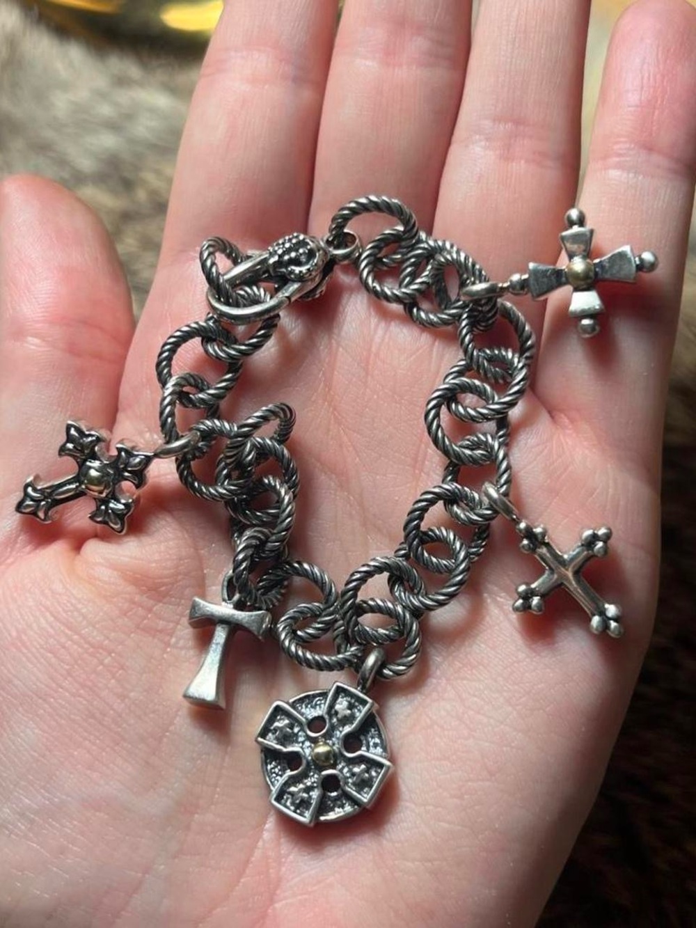 Ann King sterling silver and 18k yellow gold cross charm bracelet